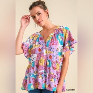 Umgee Colorful Floral Patchwork Blouse